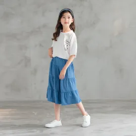 印花上衣/ 牛仔裤裙 Printed Tee/ Denim Blue Tiered Culottes
