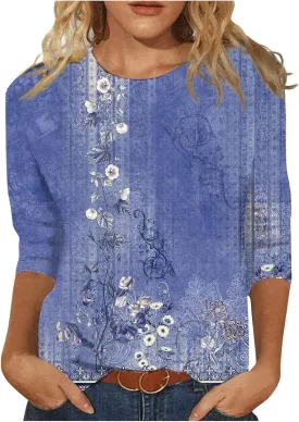 3/4 Length Sleeve Womens Tops 2024 Floral Print Vintage Fashion Casual Loose with Round Neck Plus Size Shirts