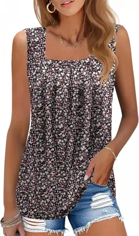 AKEWEI Summer Tank Top for Women Square Neck Sleeveless Tops Flowy Pleated Tunic Loose Fit S-3XL