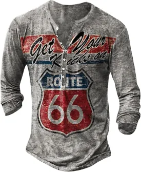 Akivide Retro V-Neck Button Henley Shirts for Men Route 66 Vintage Motorcycle Print Long Sleeve Lightweight Henley T Shirts