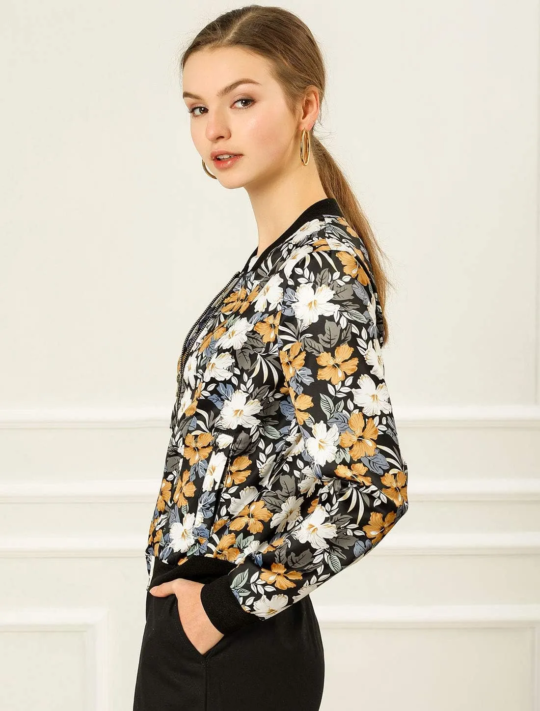 Allegra K Women's Bomber Jacket Long Sleeve Casual Coat Zipper Floral Print Outwear Tops Windbreaker with Pocket