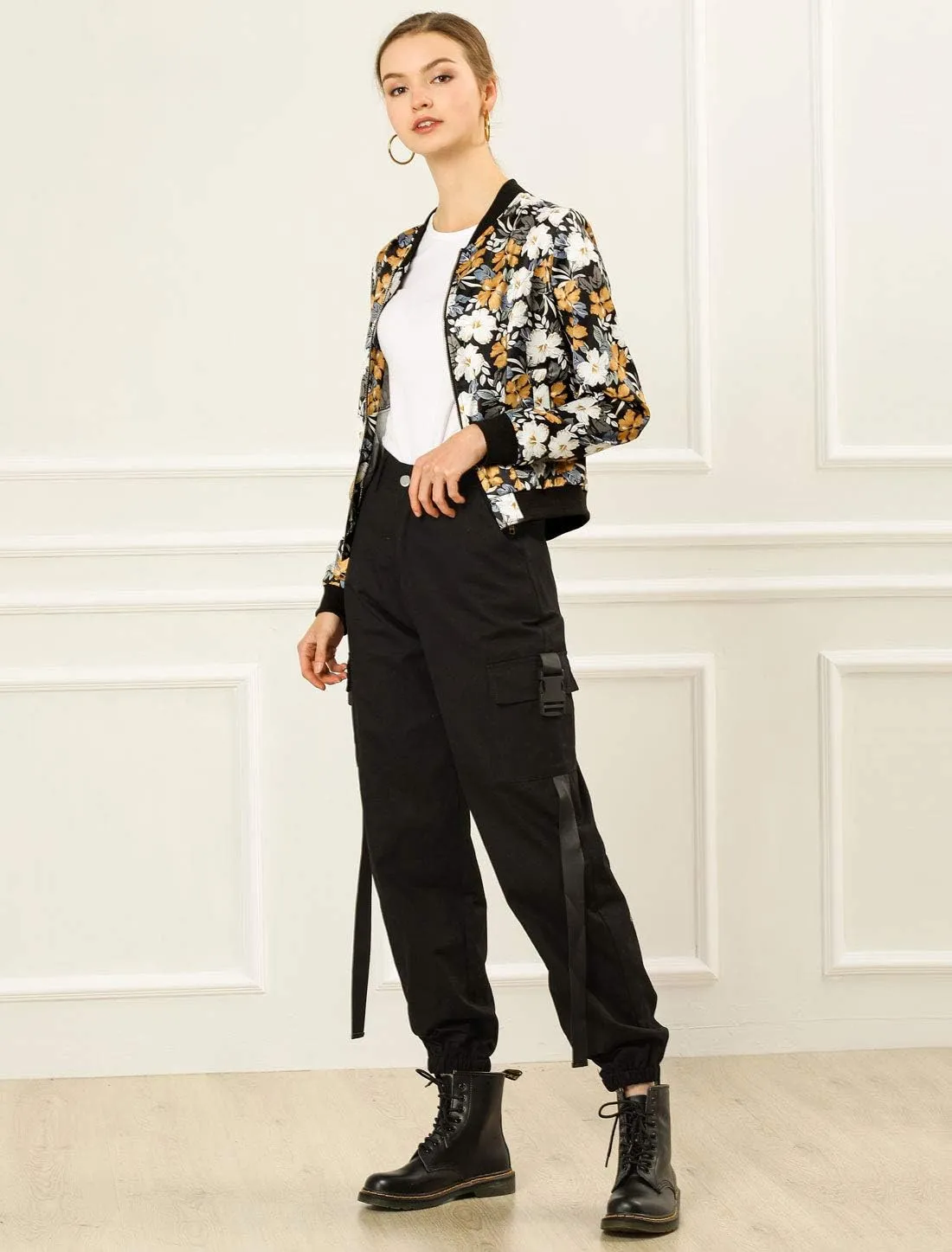 Allegra K Women's Bomber Jacket Long Sleeve Casual Coat Zipper Floral Print Outwear Tops Windbreaker with Pocket