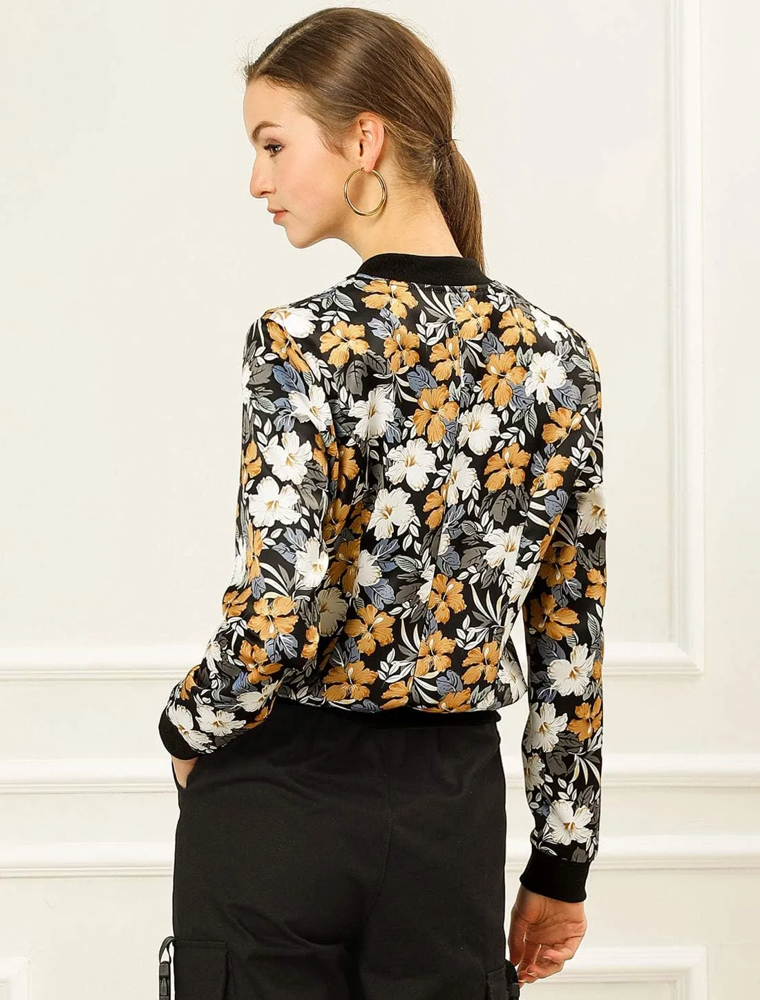 Allegra K Women's Bomber Jacket Long Sleeve Casual Coat Zipper Floral Print Outwear Tops Windbreaker with Pocket