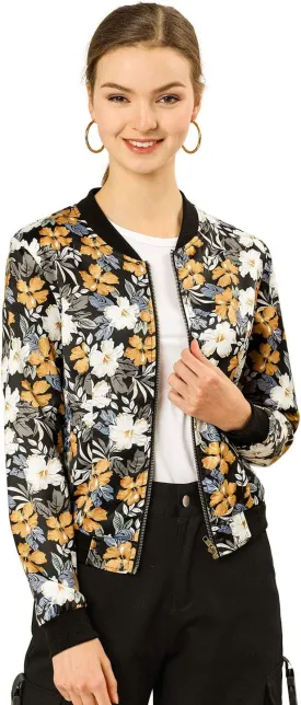 Allegra K Women's Bomber Jacket Long Sleeve Casual Coat Zipper Floral Print Outwear Tops Windbreaker with Pocket