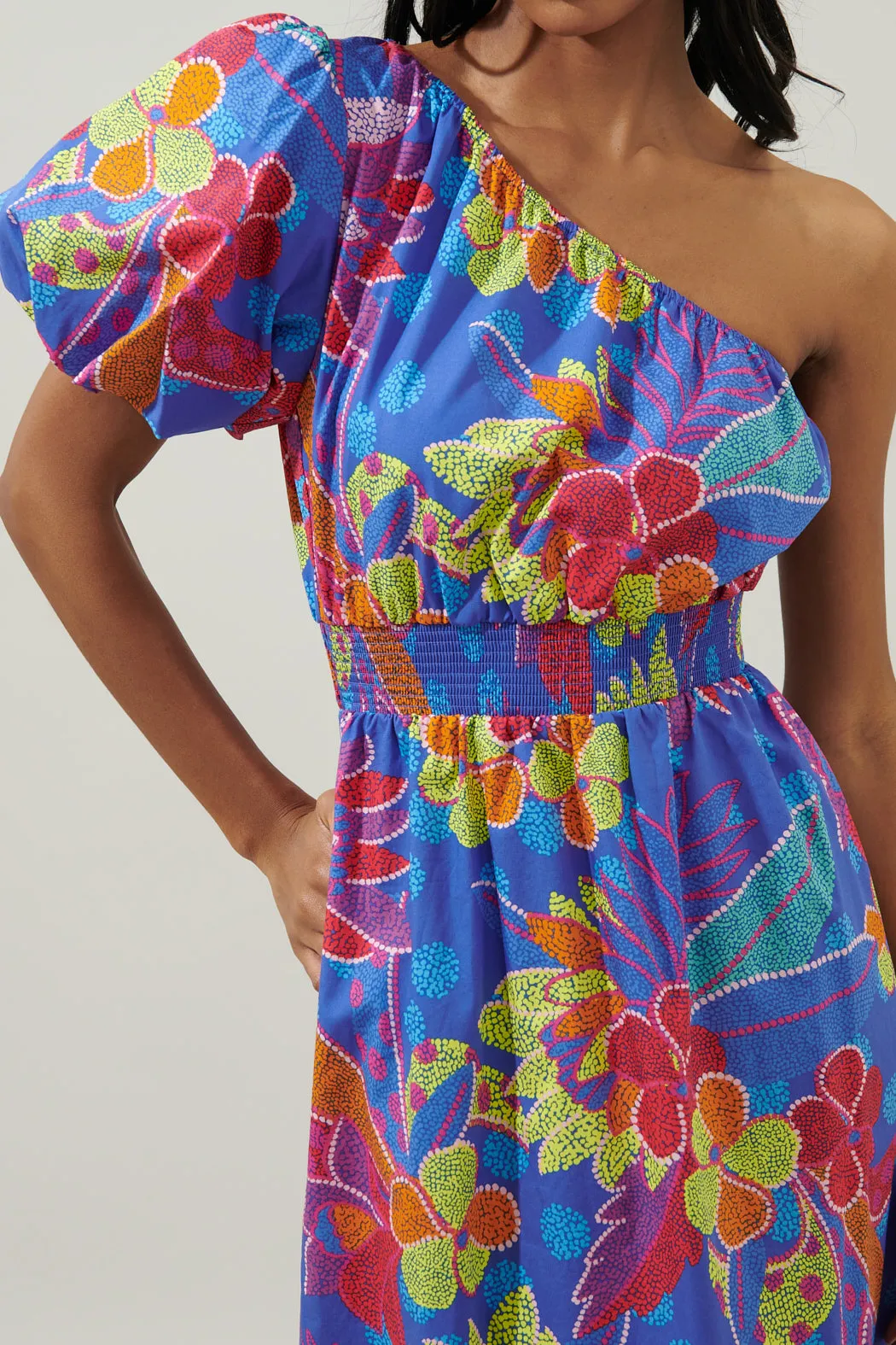 Amazonia Blue Bridgette One Shoulder Midi Dress