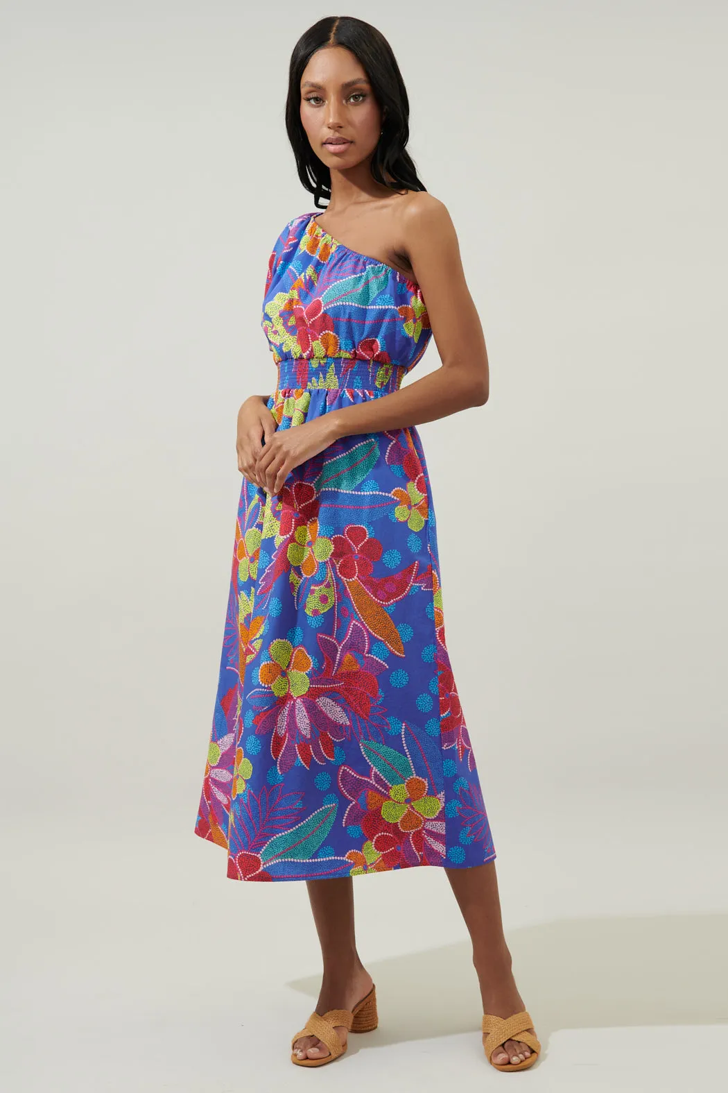 Amazonia Blue Bridgette One Shoulder Midi Dress