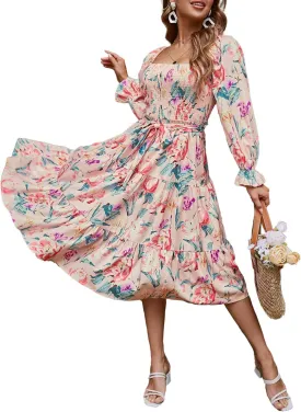 Amegoya Women's Boho Flowy Long Sleeve Square Neck Floral Midi Dress Smocked Spring Fall Wedding Guest Dresses