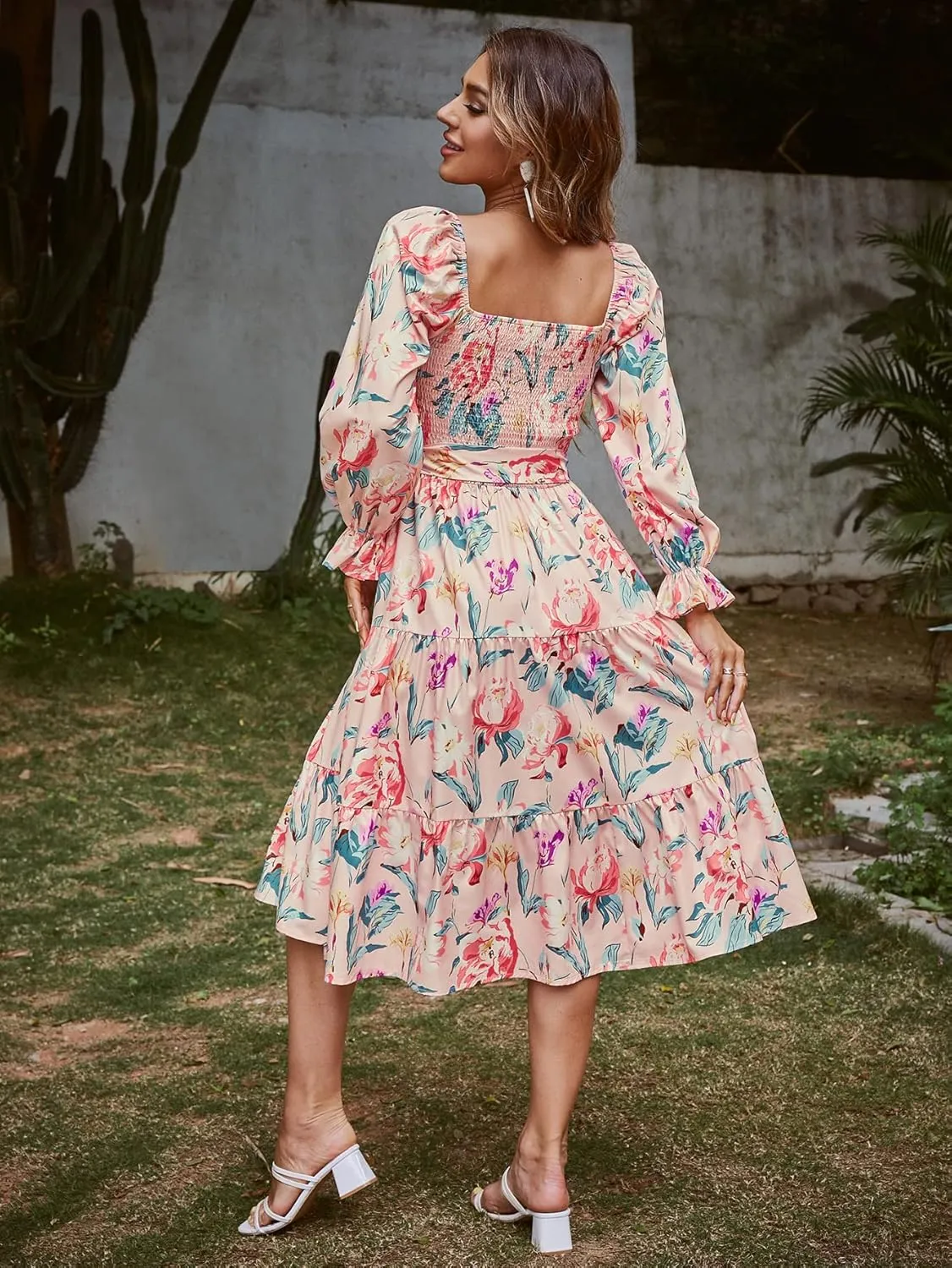 Amegoya Women's Boho Flowy Long Sleeve Square Neck Floral Midi Dress Smocked Spring Fall Wedding Guest Dresses