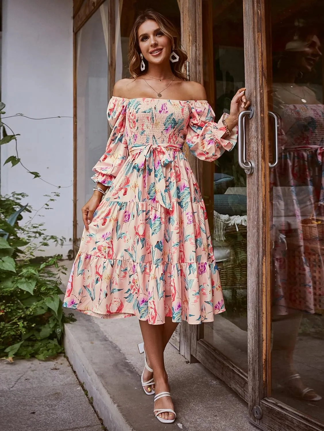 Amegoya Women's Boho Flowy Long Sleeve Square Neck Floral Midi Dress Smocked Spring Fall Wedding Guest Dresses