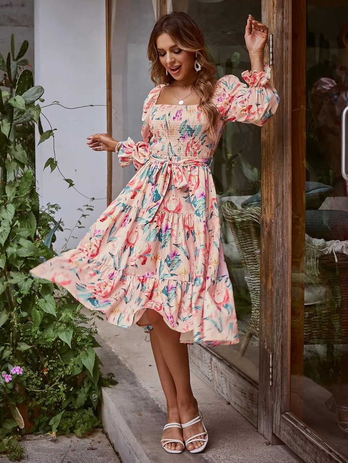 Amegoya Women's Boho Flowy Long Sleeve Square Neck Floral Midi Dress Smocked Spring Fall Wedding Guest Dresses