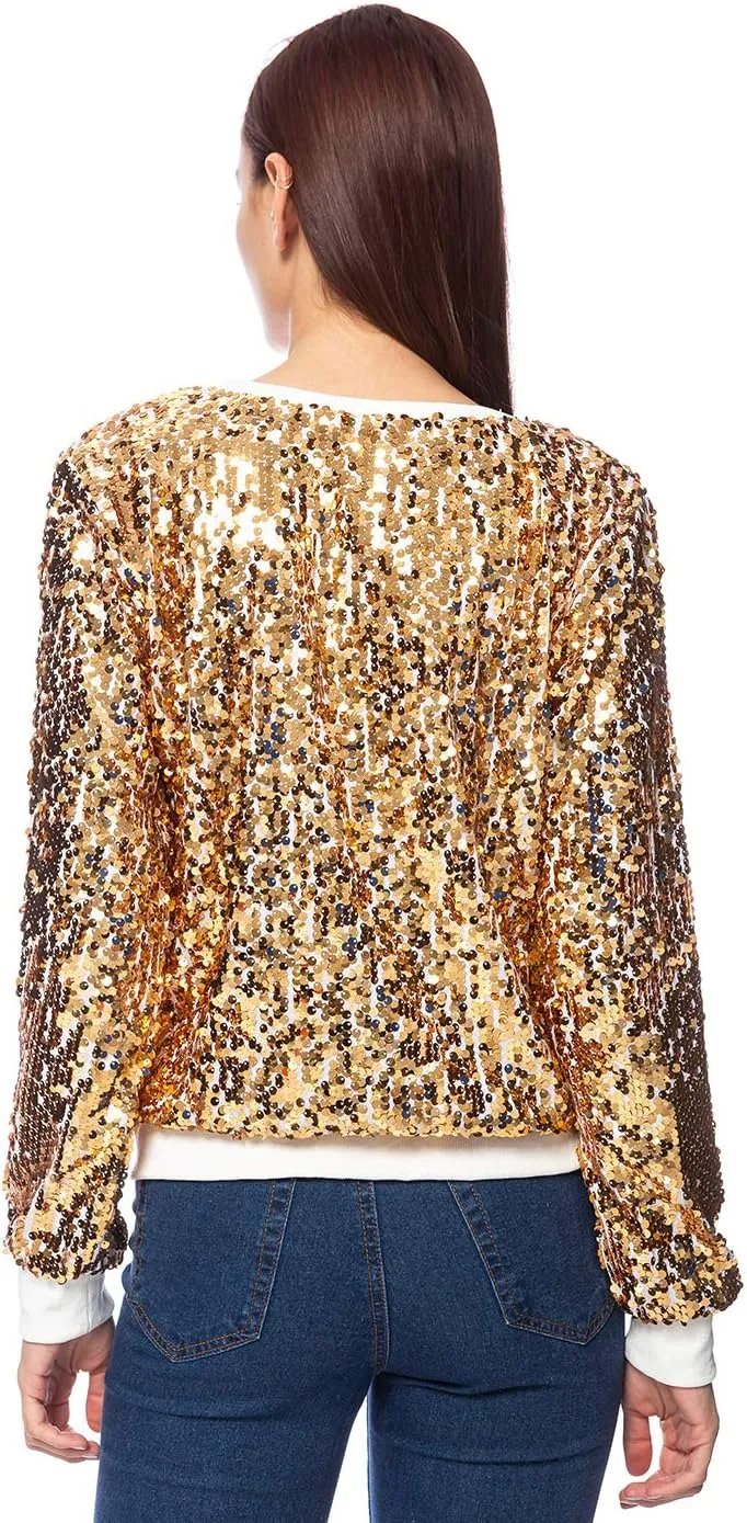 Anna-Kaci Women's Glitter Sequin Sweatshirt Long Sleeve Pullover Tops with Ribbed Cuffs