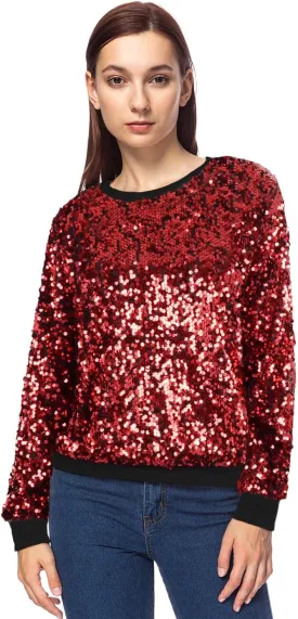 Anna-Kaci Women's Glitter Sequin Sweatshirt Long Sleeve Pullover Tops with Ribbed Cuffs
