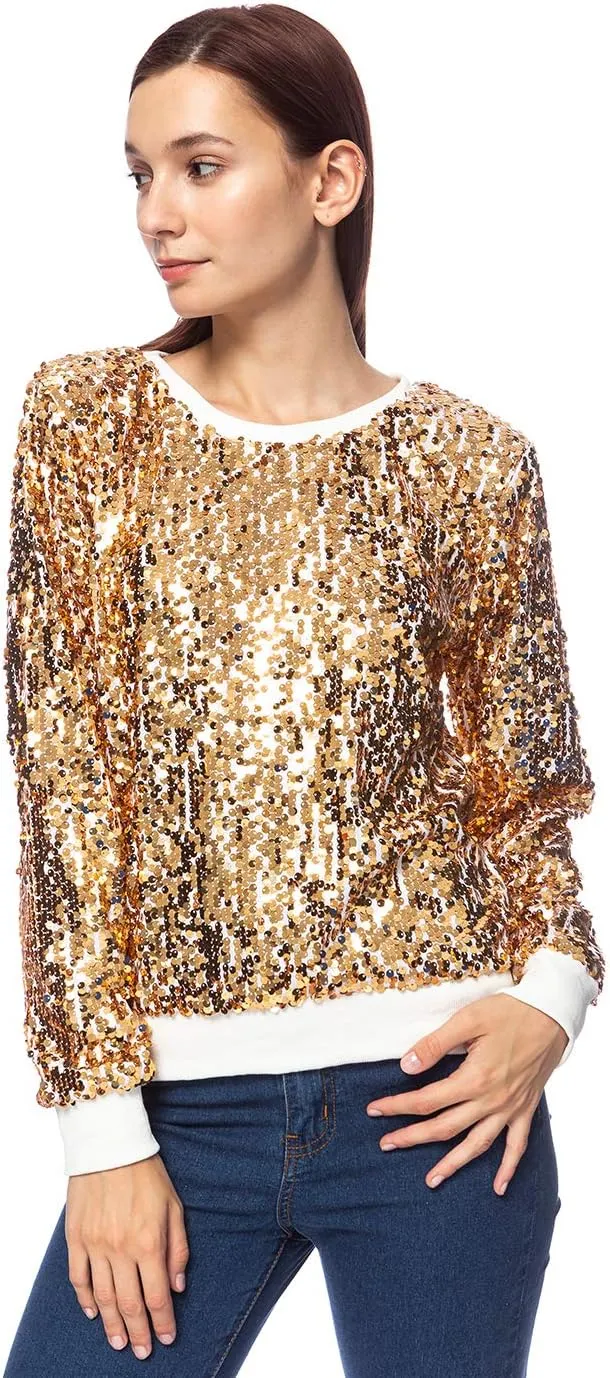 Anna-Kaci Women's Glitter Sequin Sweatshirt Long Sleeve Pullover Tops with Ribbed Cuffs