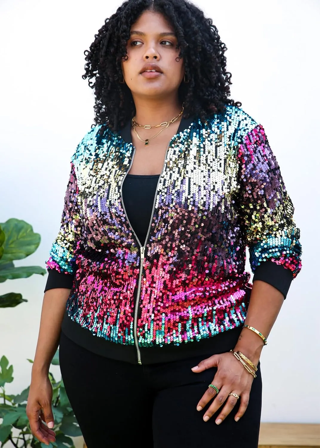Anna-Kaci Women's Plus Size Sparkly Jacket Long Sleeve Zip Up Sequin Bomber Jacket Coat