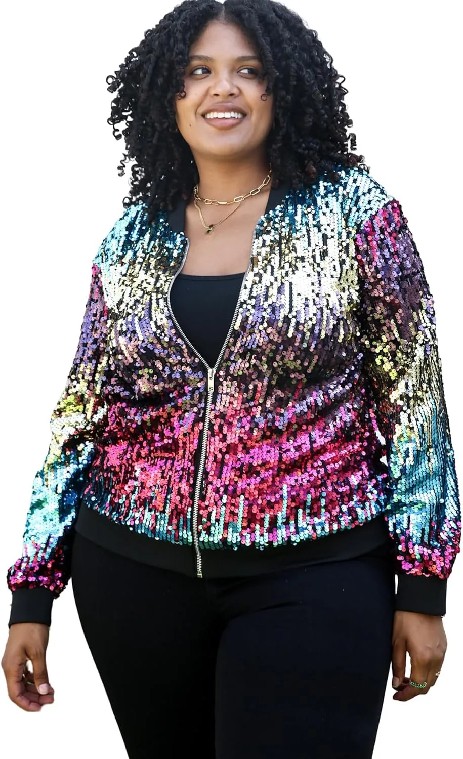 Anna-Kaci Women's Plus Size Sparkly Jacket Long Sleeve Zip Up Sequin Bomber Jacket Coat