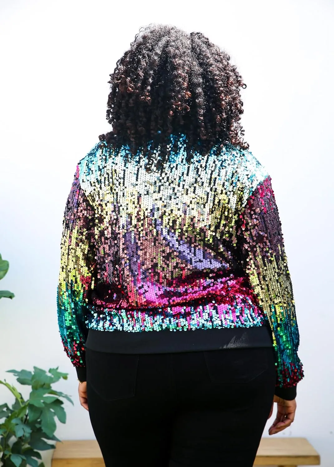 Anna-Kaci Women's Plus Size Sparkly Jacket Long Sleeve Zip Up Sequin Bomber Jacket Coat