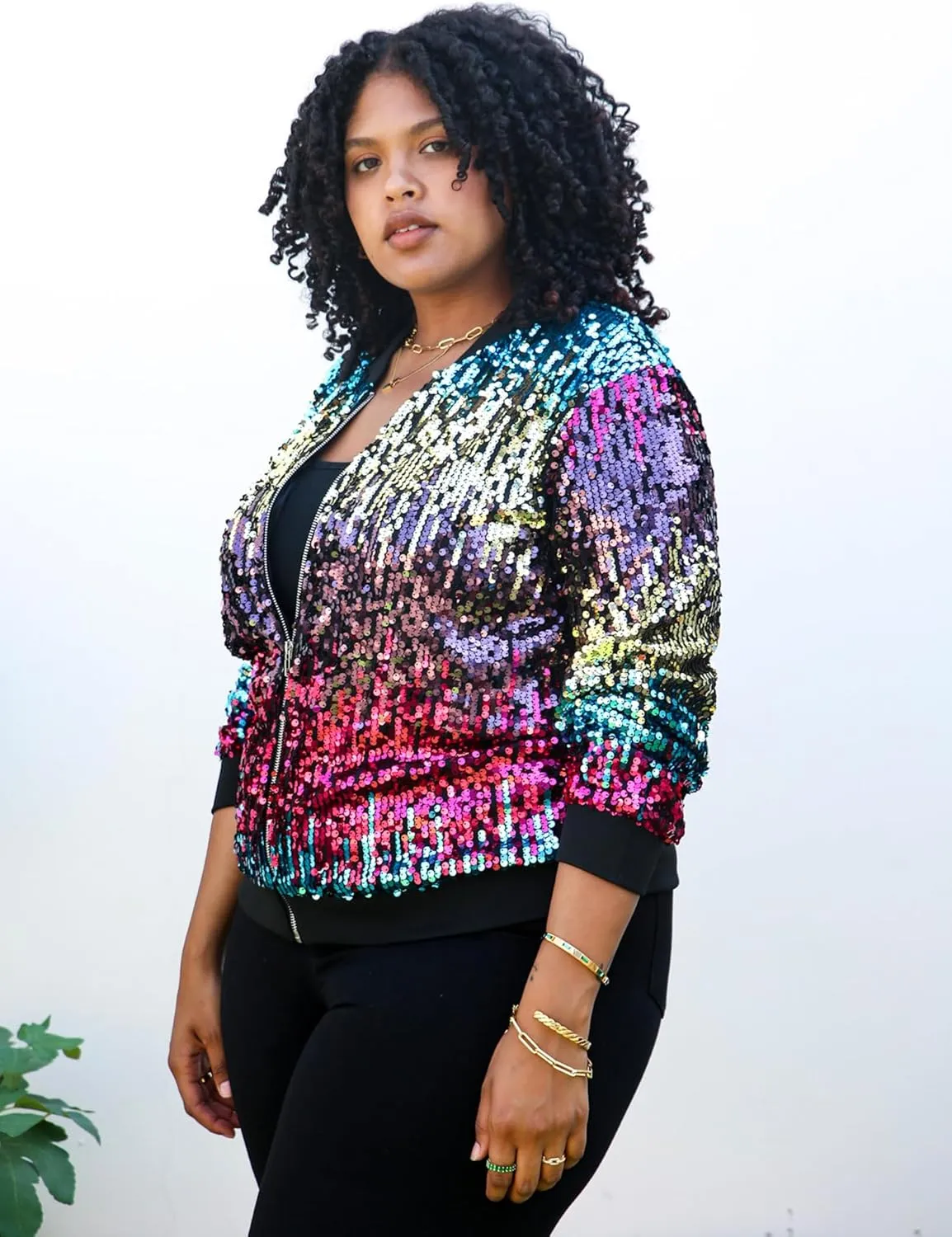 Anna-Kaci Women's Plus Size Sparkly Jacket Long Sleeve Zip Up Sequin Bomber Jacket Coat