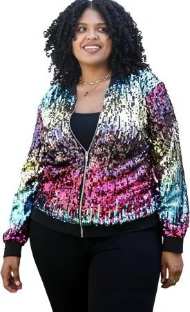 Anna-Kaci Women's Plus Size Sparkly Jacket Long Sleeve Zip Up Sequin Bomber Jacket Coat