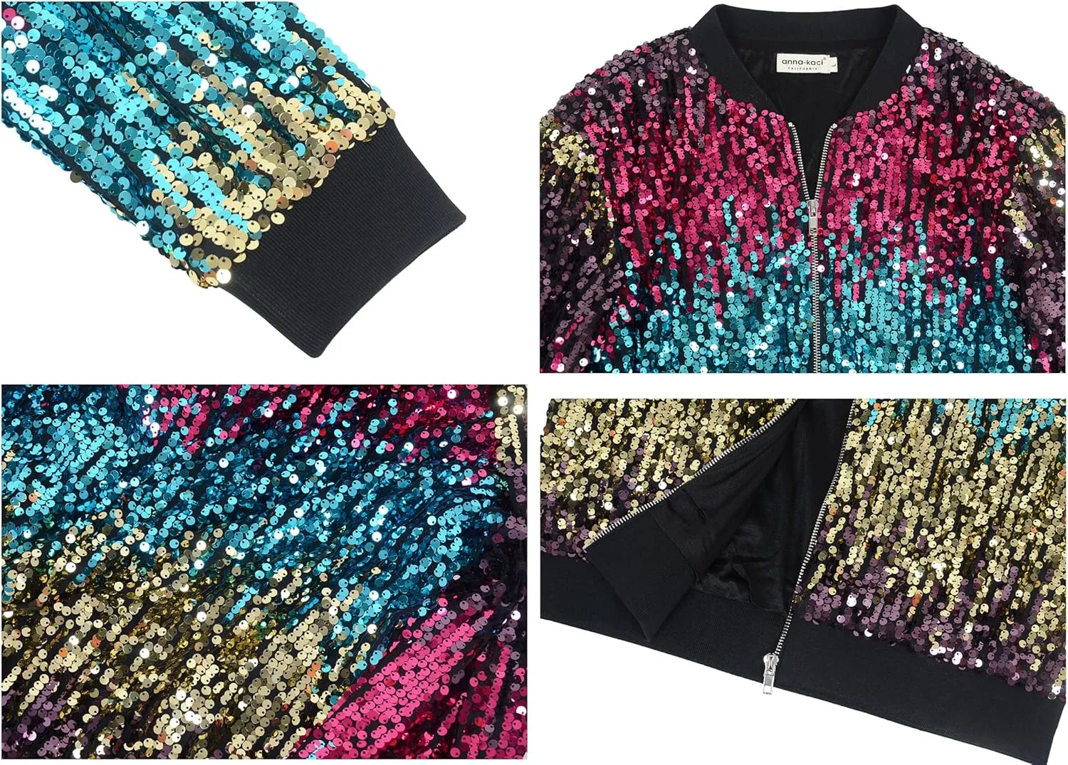 Anna-Kaci Women's Plus Size Sparkly Jacket Long Sleeve Zip Up Sequin Bomber Jacket Coat