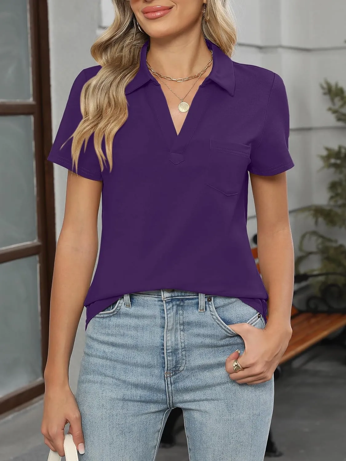 ANRABESS Polo Shirts for Women 2025 Summer Work Basic Business Casual Tops Collared V Neck Short Sleeve Blouse Tee