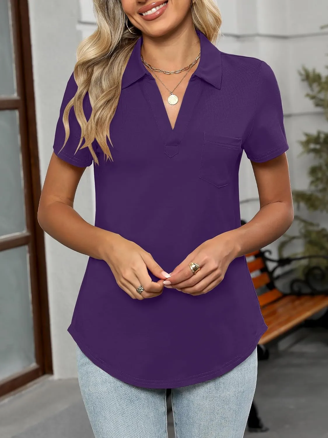 ANRABESS Polo Shirts for Women 2025 Summer Work Basic Business Casual Tops Collared V Neck Short Sleeve Blouse Tee