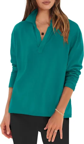 ANRABESS Women Long Sleeve Polo Shirts Casual V Neck Collared Boxy Fit Dressy Work Blouse Top Spring Outfits