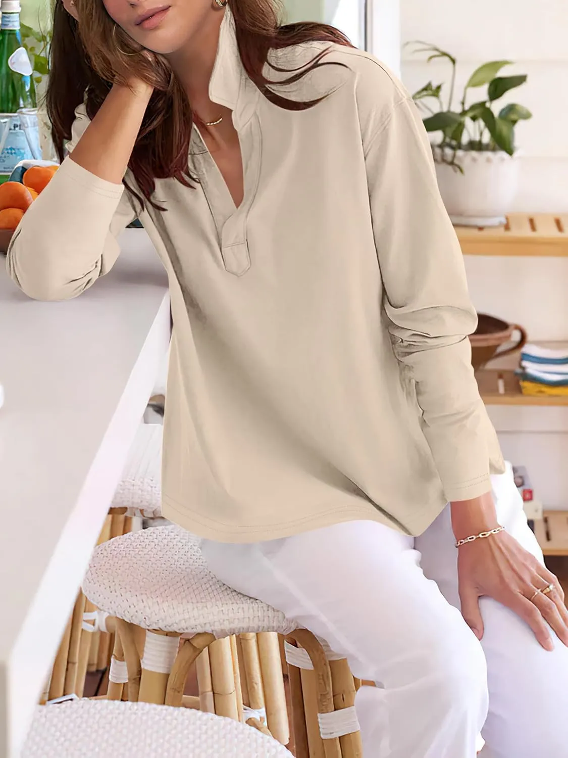 ANRABESS Women Long Sleeve Polo Shirts Casual V Neck Collared Boxy Fit Dressy Work Blouse Top Spring Outfits