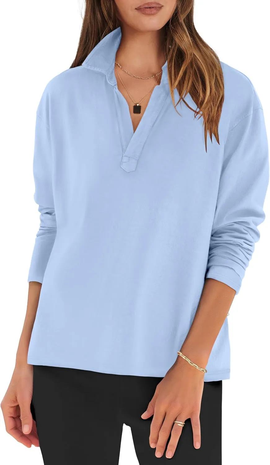 ANRABESS Women Long Sleeve Polo Shirts Casual V Neck Collared Boxy Fit Dressy Work Blouse Top Spring Outfits