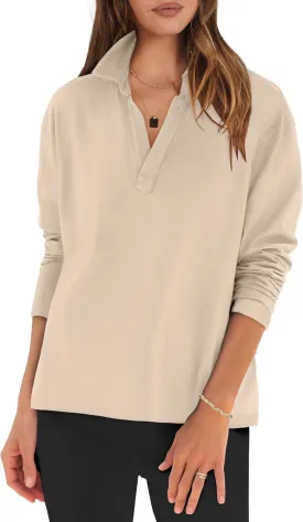 ANRABESS Women Long Sleeve Polo Shirts Casual V Neck Collared Boxy Fit Dressy Work Blouse Top Spring Outfits