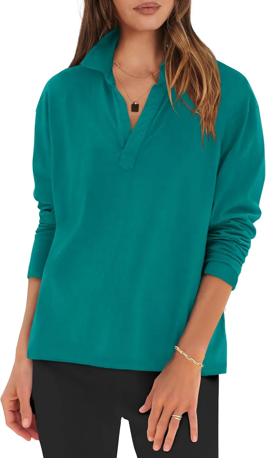 ANRABESS Women Long Sleeve Polo Shirts Casual V Neck Collared Boxy Fit Dressy Work Blouse Top Spring Outfits