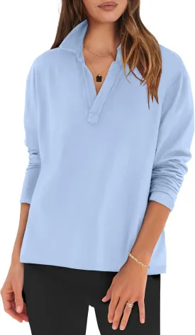 ANRABESS Women Long Sleeve Polo Shirts Casual V Neck Collared Boxy Fit Dressy Work Blouse Top Spring Outfits