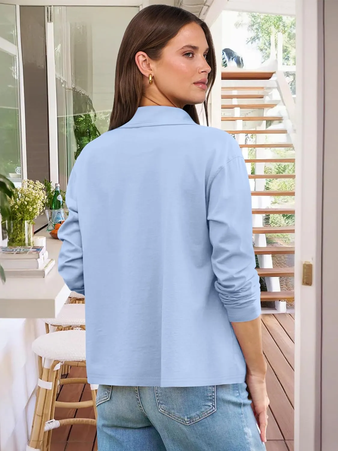 ANRABESS Women Long Sleeve Polo Shirts Casual V Neck Collared Boxy Fit Dressy Work Blouse Top Spring Outfits