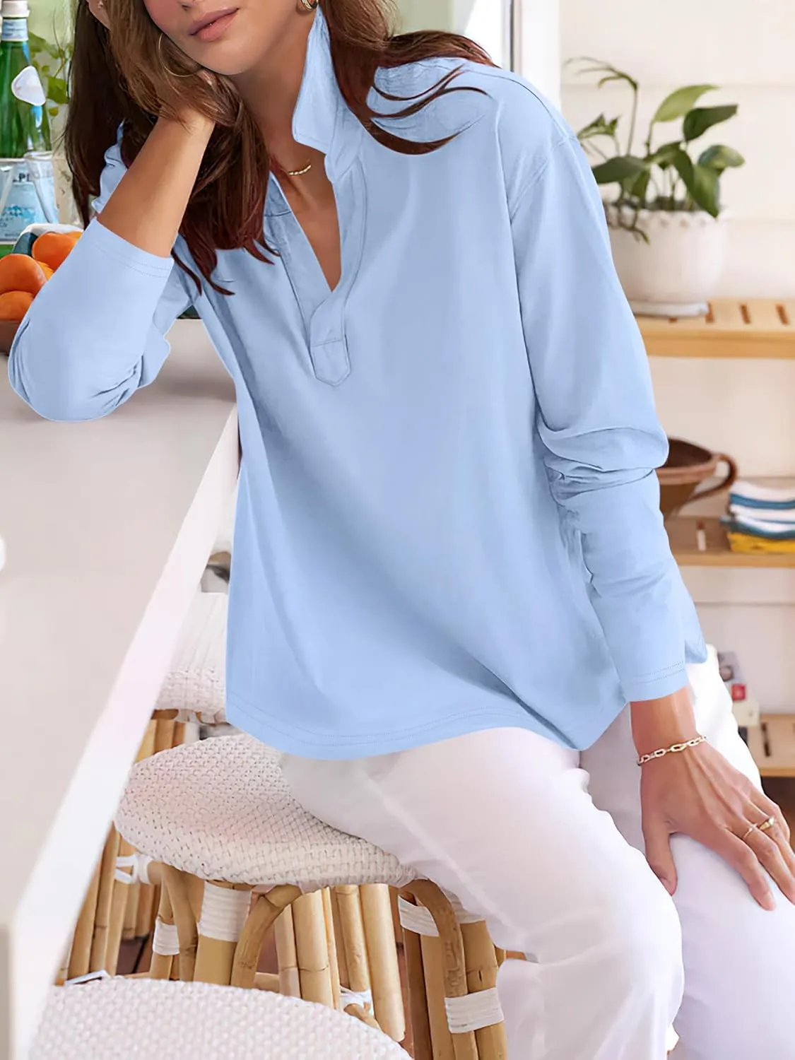 ANRABESS Women Long Sleeve Polo Shirts Casual V Neck Collared Boxy Fit Dressy Work Blouse Top Spring Outfits
