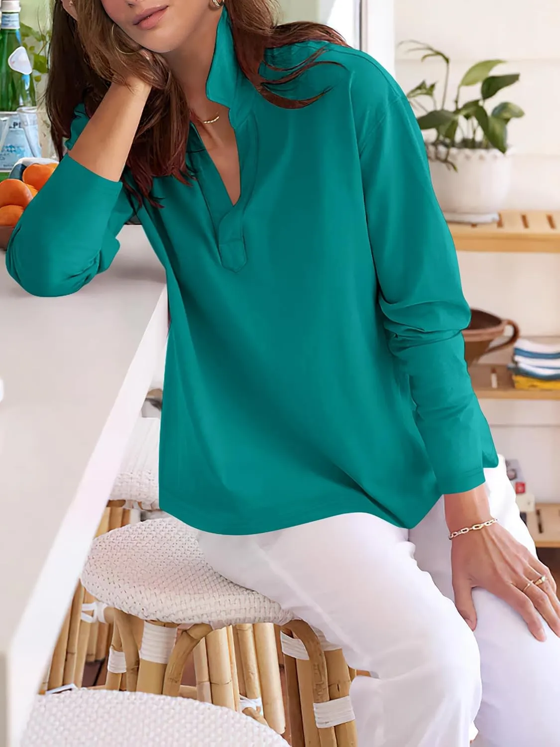 ANRABESS Women Long Sleeve Polo Shirts Casual V Neck Collared Boxy Fit Dressy Work Blouse Top Spring Outfits