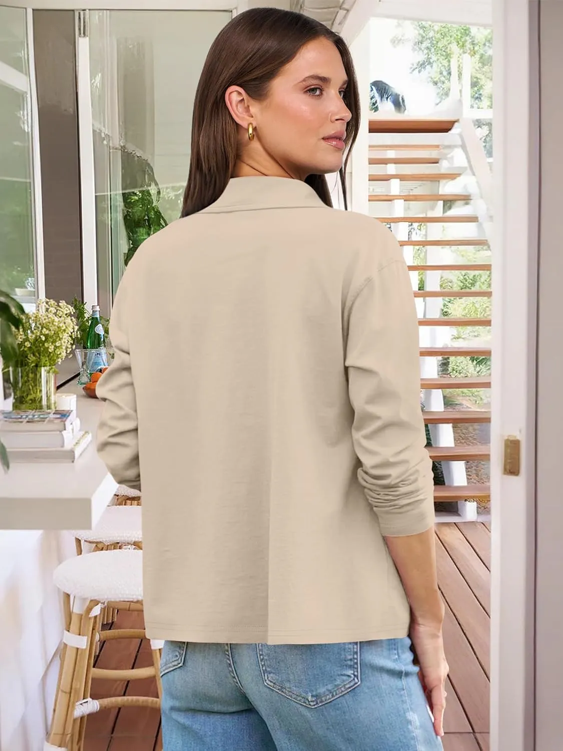 ANRABESS Women Long Sleeve Polo Shirts Casual V Neck Collared Boxy Fit Dressy Work Blouse Top Spring Outfits
