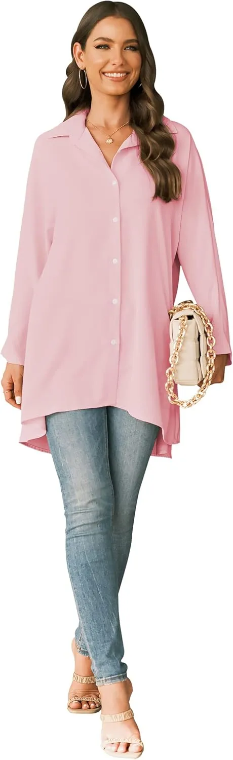 Aoysky Womens Oversized T Shirts Button Down Long Sleeve Shirt V Neck Collar Loose Flowy Blouse