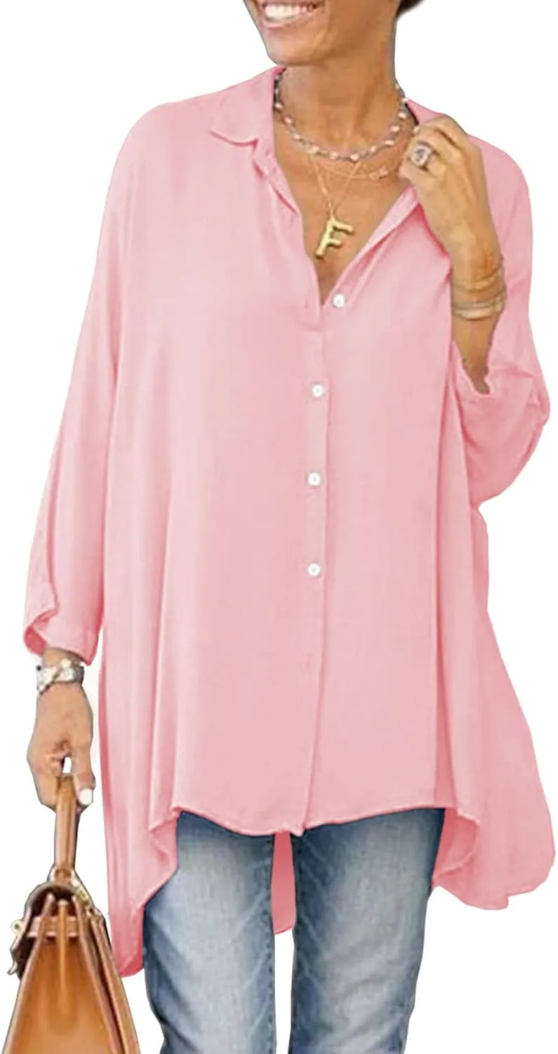 Aoysky Womens Oversized T Shirts Button Down Long Sleeve Shirt V Neck Collar Loose Flowy Blouse