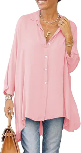 Aoysky Womens Oversized T Shirts Button Down Long Sleeve Shirt V Neck Collar Loose Flowy Blouse
