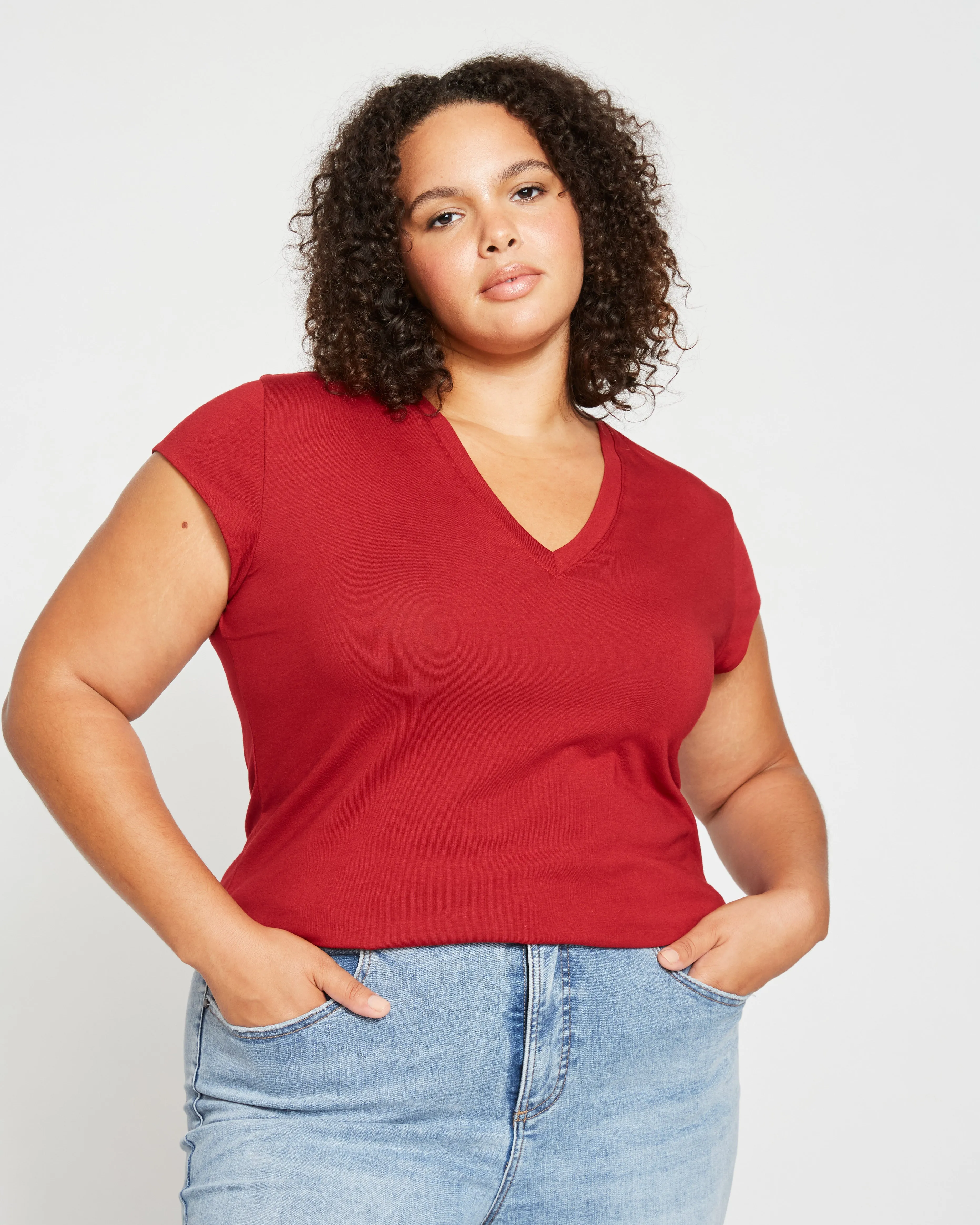 Ashley V Neck Cap Sleeve Tee - Rhubarb