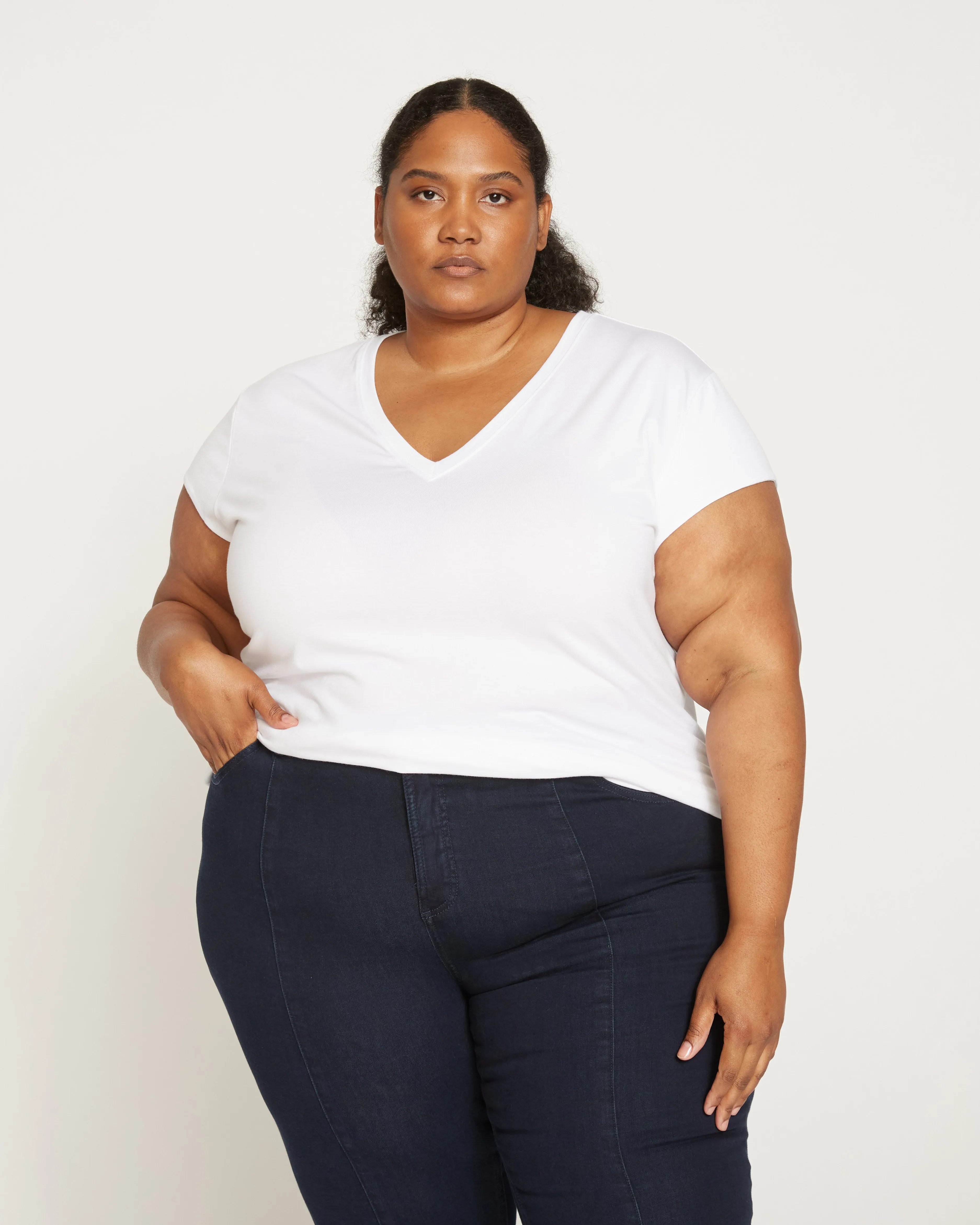 Ashley V Neck Cap Sleeve Tee - White