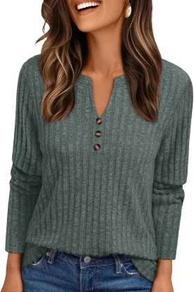 AUTOMET Womens Henley V Neck Long Sleeve Shirt Fall Dreesy Casual Tunic Loose Fit Top Sweater