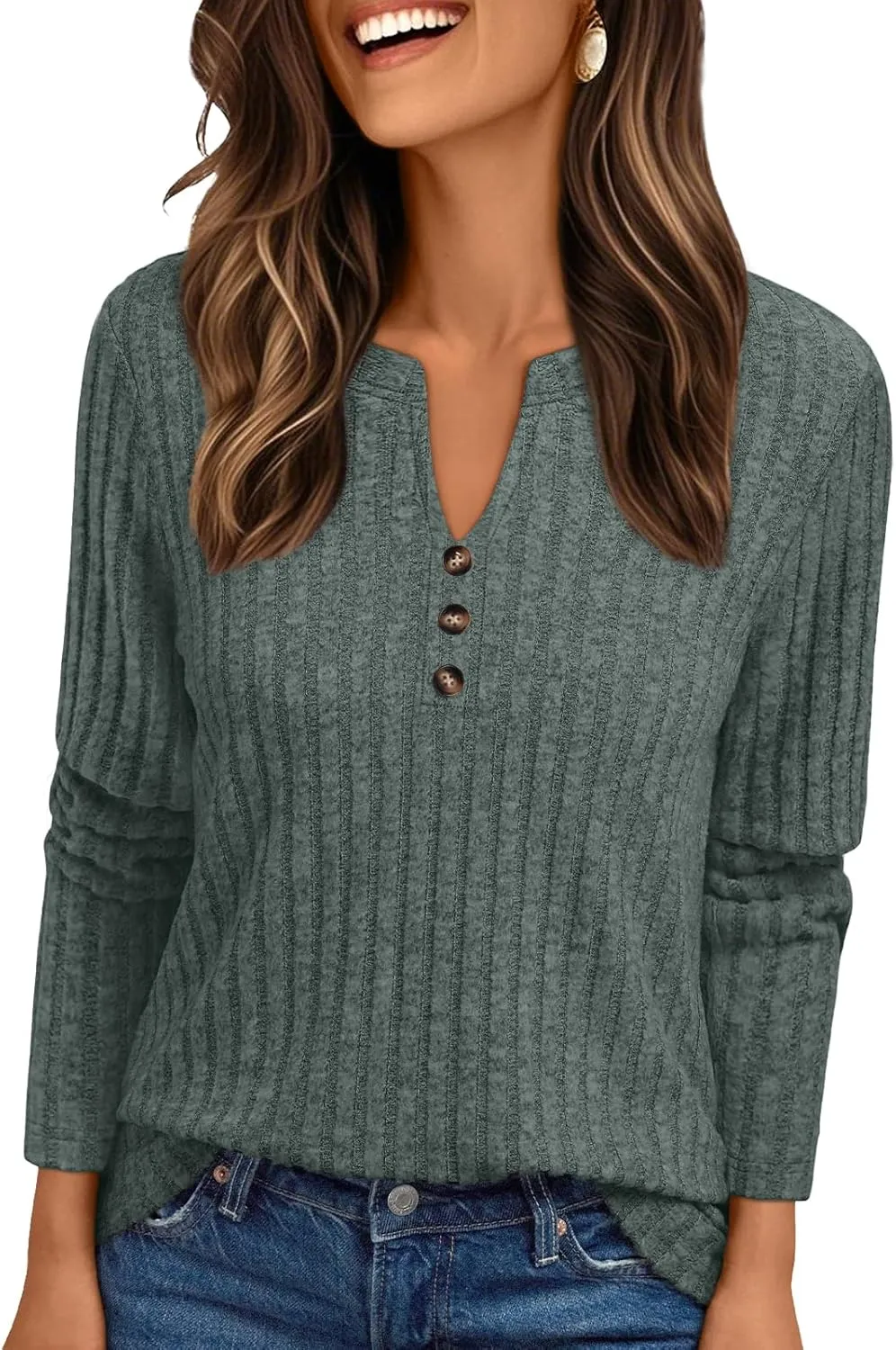 AUTOMET Womens Henley V Neck Long Sleeve Shirt Fall Dreesy Casual Tunic Loose Fit Top Sweater