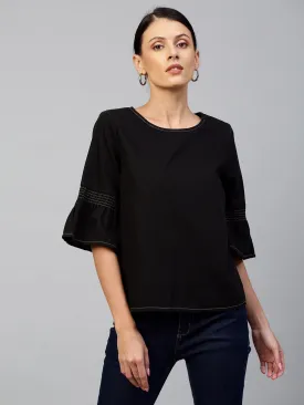 Black Light Weight Denim Square Top With Smocking On Sleeves