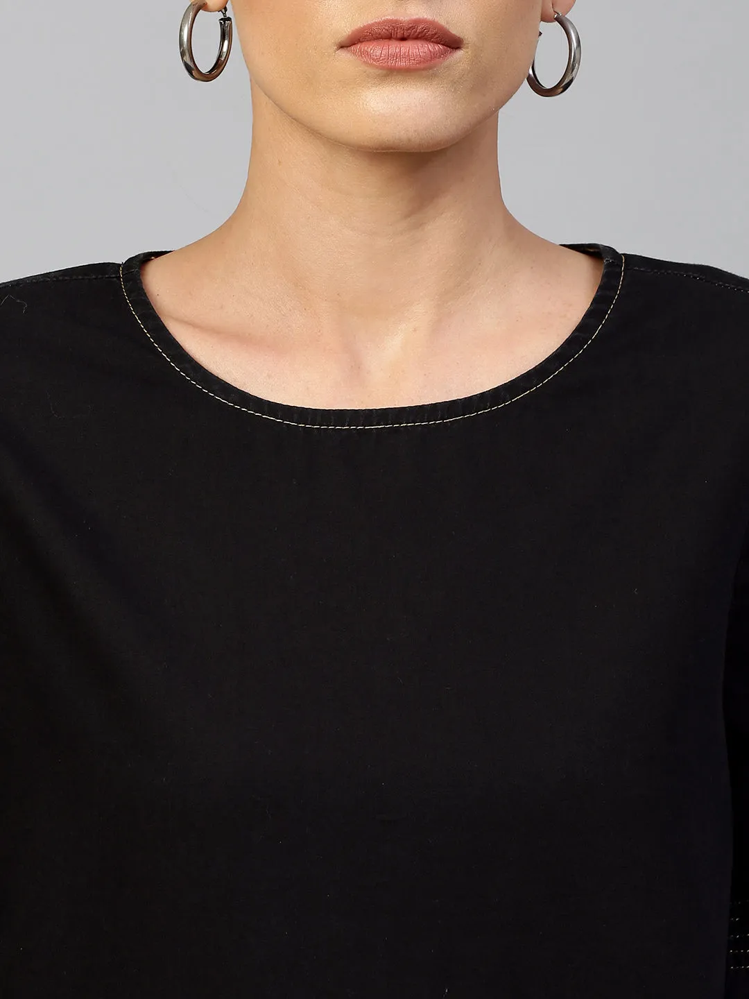 Black Light Weight Denim Square Top With Smocking On Sleeves