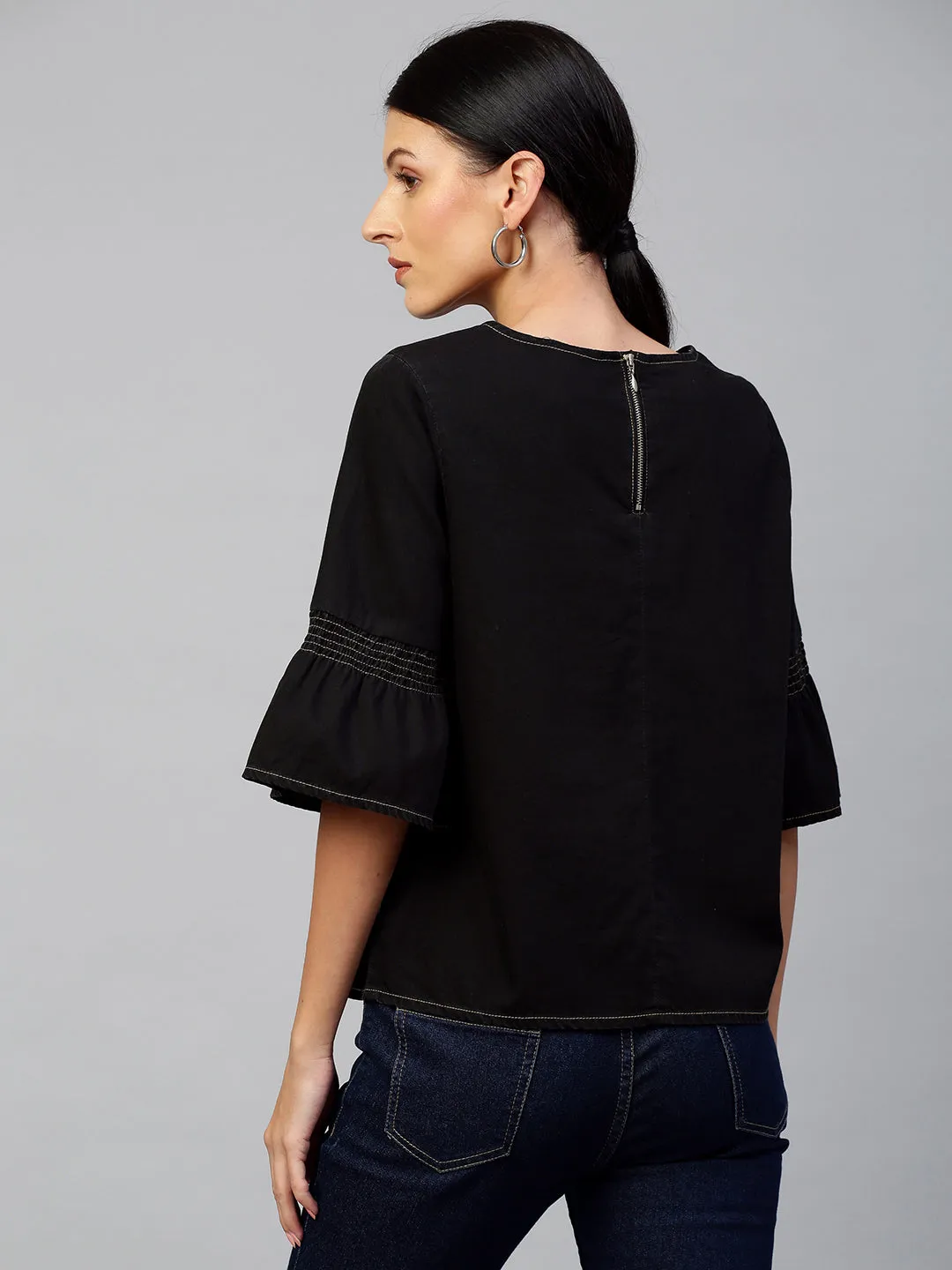 Black Light Weight Denim Square Top With Smocking On Sleeves