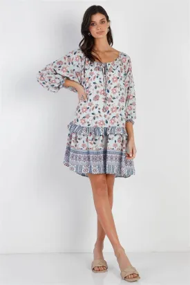 Blue Multi Color Floral Print Ruffle Details Self-Tie Neck Mini Dress /3-2-1