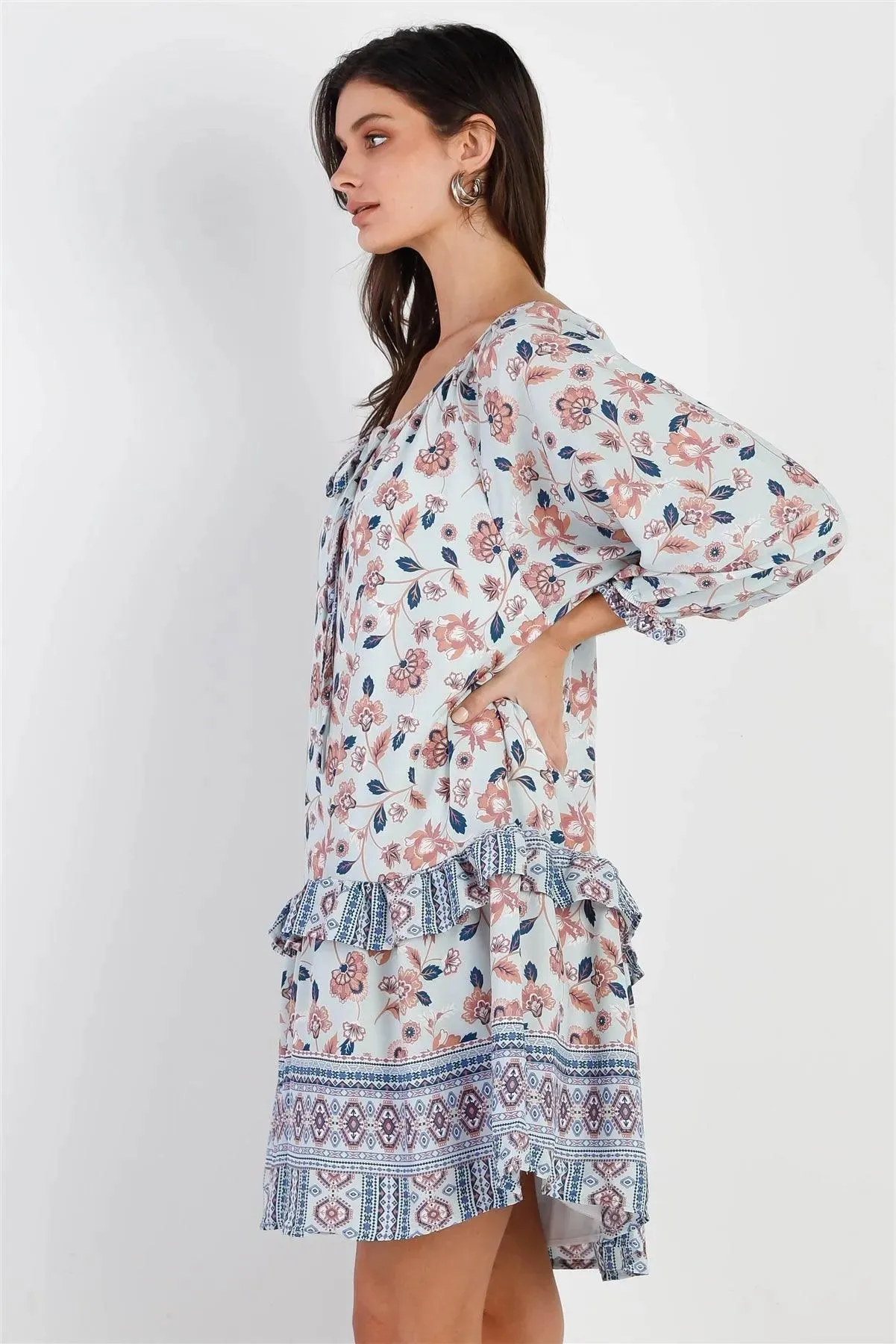 Blue Multi Color Floral Print Ruffle Details Self-Tie Neck Mini Dress /3-2-1
