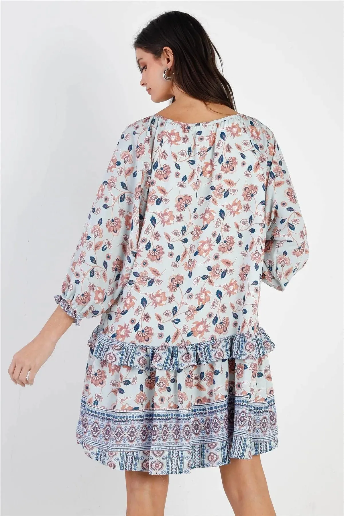 Blue Multi Color Floral Print Ruffle Details Self-Tie Neck Mini Dress /3-2-1