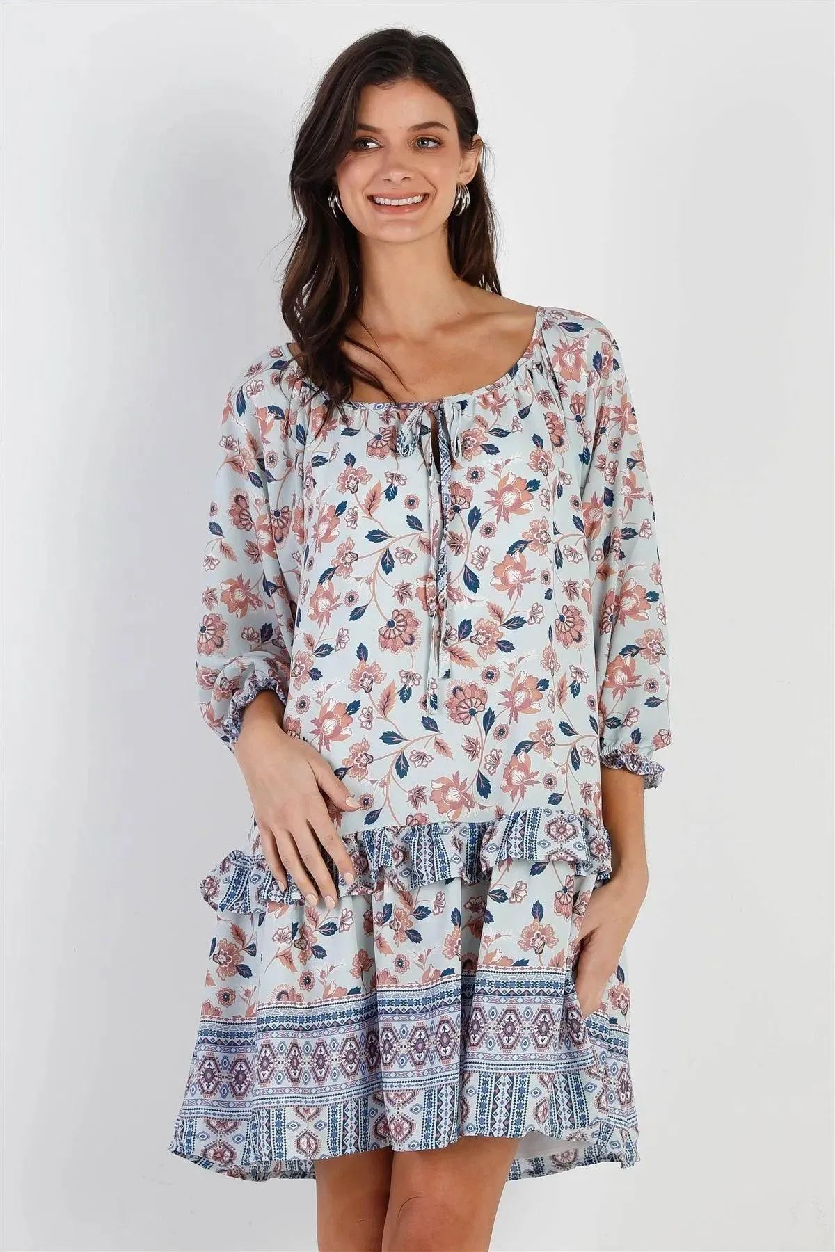 Blue Multi Color Floral Print Ruffle Details Self-Tie Neck Mini Dress /3-2-1