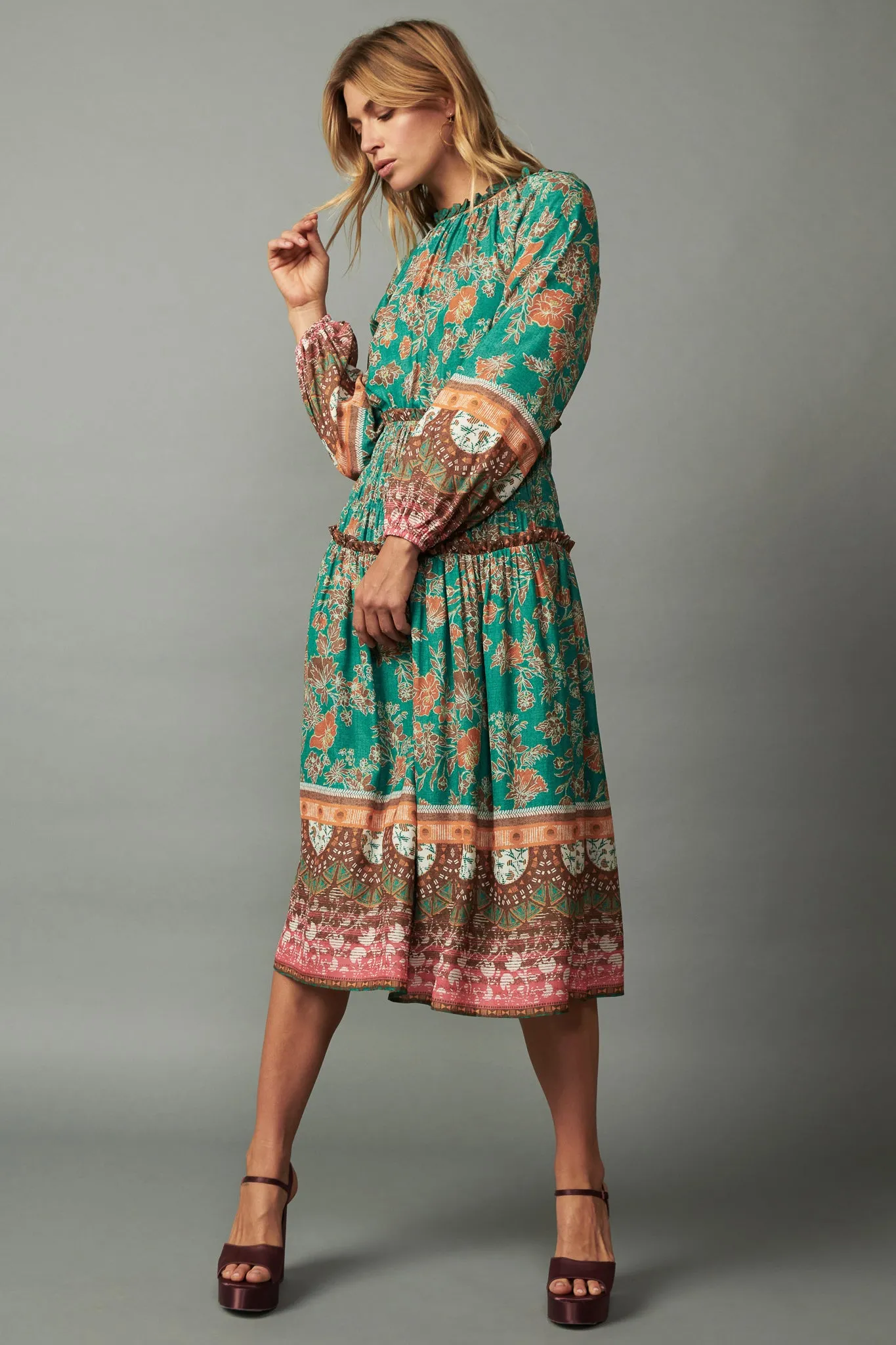 Border Multi Print Midi Dress
